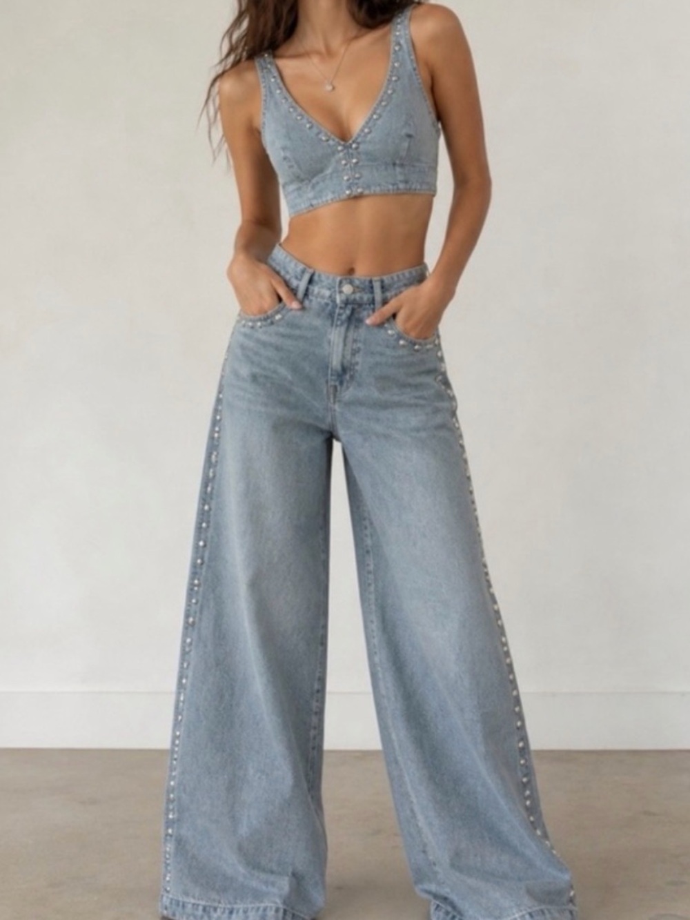 Light Wash Wide Leg Studded Denim Set - Crop Top & Jeans NWT